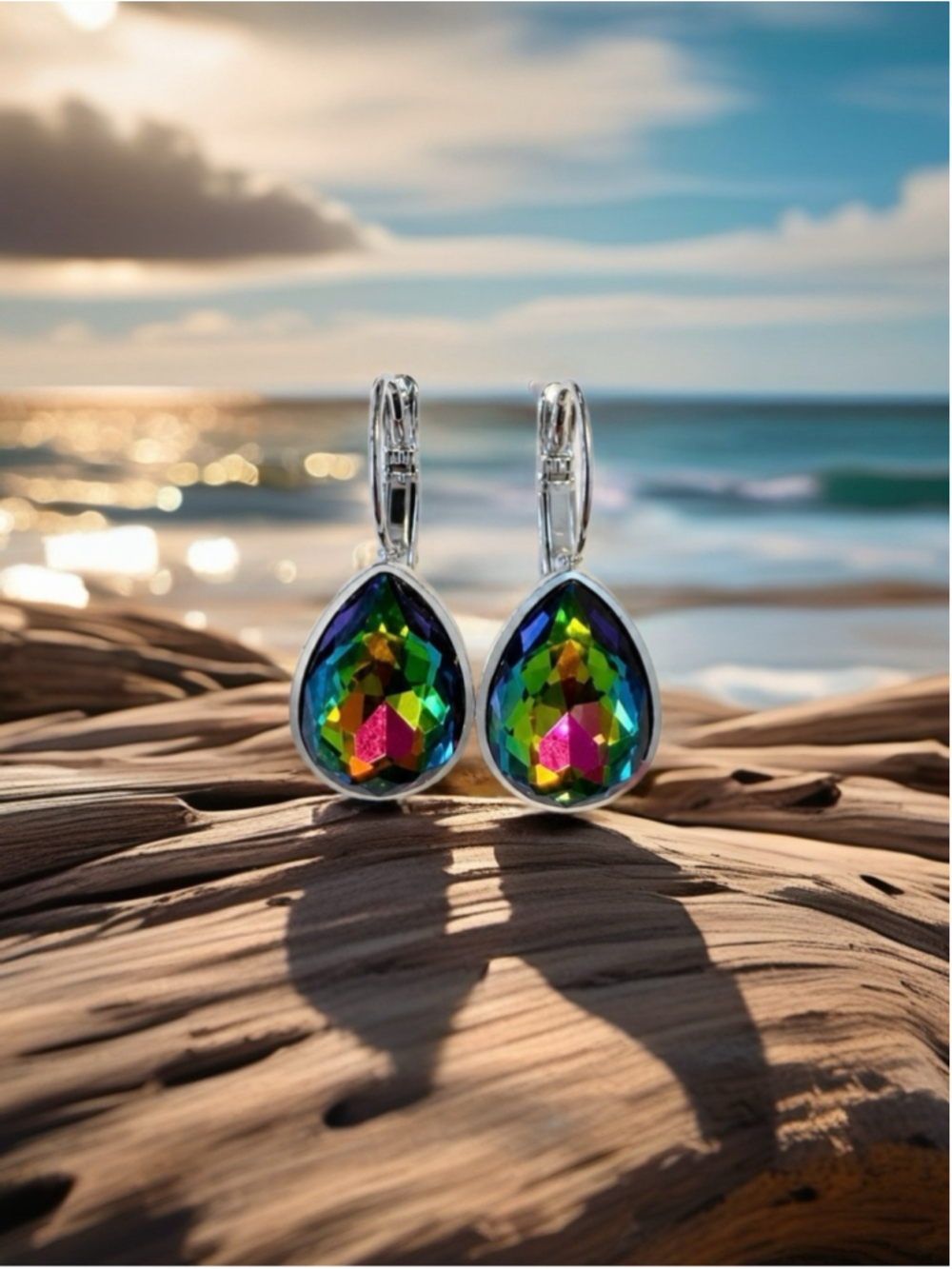 ParkilyThings Rainbow Vitrail Teardrop Crystal Earrings – silver leverback